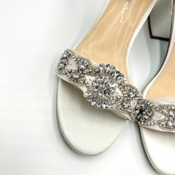 Betsey Johnson Womens Size 6.5 Mel White Satin Jewel Heels Dress Sandals Shoes - Picture 4 of 14